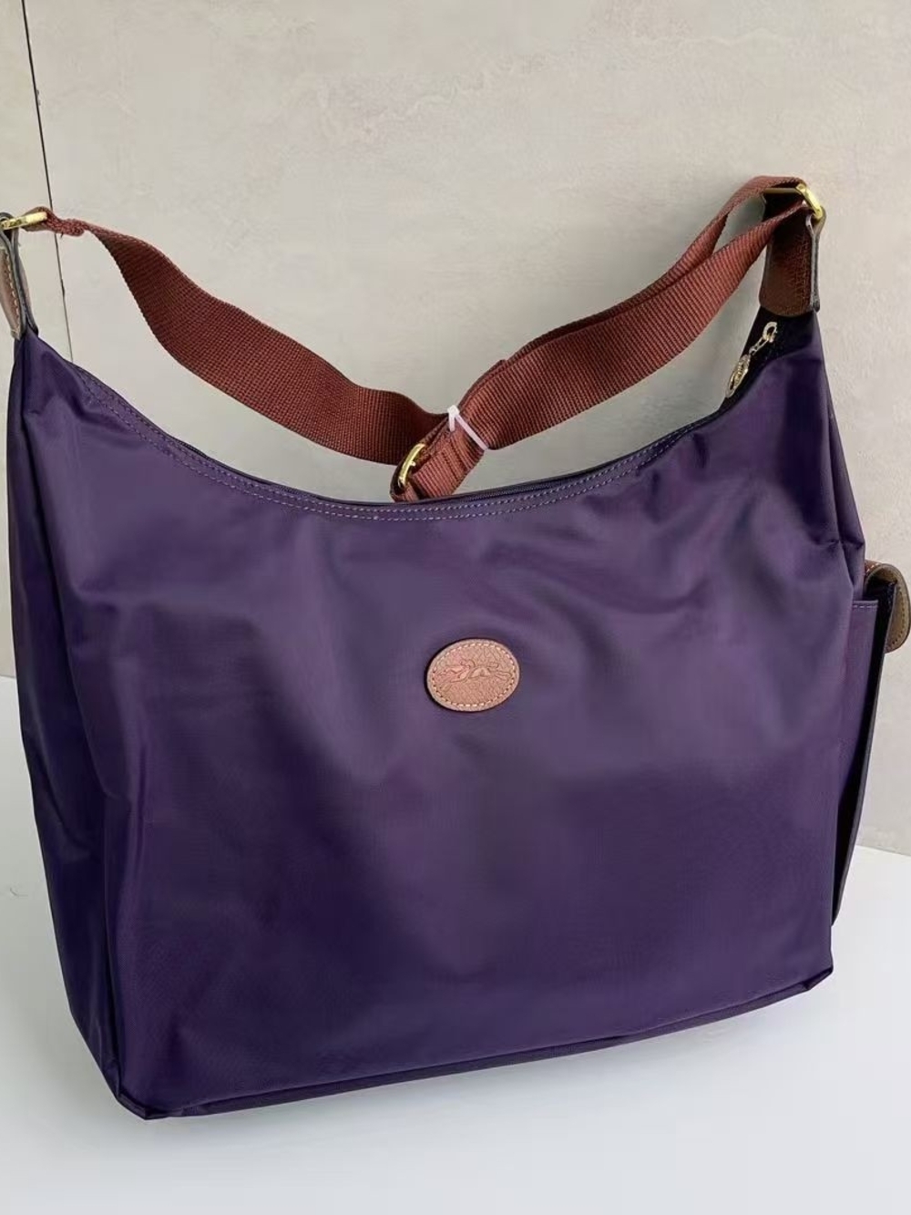 Longchamp Deep Purple Nylon Shoulder Bag with Brown Strap